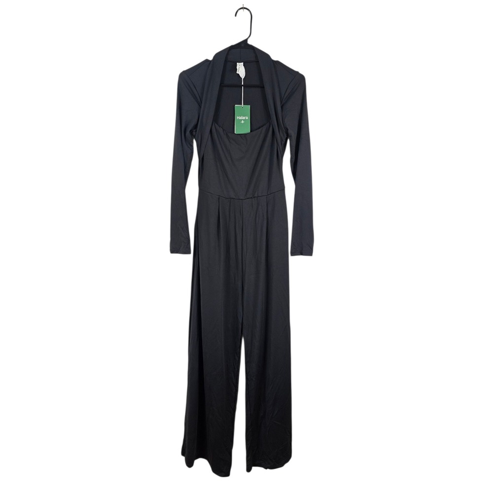Halara Jumpsuit Women M Black Long Sleeve Cutout Back Wide‎ Leg Athleisure NEW